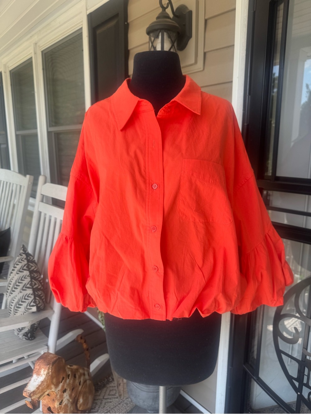 & Merci Vibrant Tangerine Orange Button-Front Balloon Sleeve Top NWT